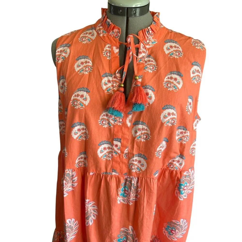 Crown & Ivy Sleeveless Tiered Coral Dress With Tassel Ties L 100% Cotton Made In - Picture 2 of 9